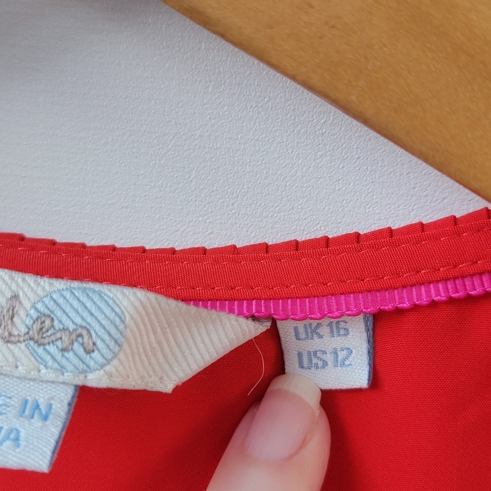 Boden Red Frieda Pleated Peter Pan Collar Velvet Neck Tie Bow Blouse Size 12 - Picture 14 of 16